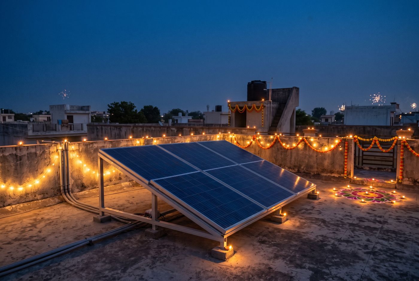 The same 6-panel solar plant on a rooftop on Diwali night, with diyas, marigold garlands and rangoli