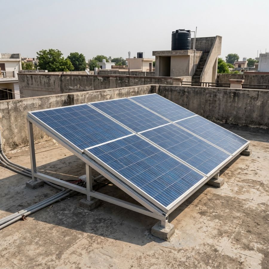 The customer’s own photo of a 6-panel rooftop solar plant in daylight